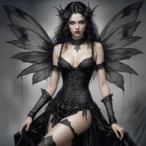 This black and white AI-generated image features a young woman with long, dark hair, styled in a gothic, fairy-like outfit. She has a pale complexion and wears a black corset with lace details, complemented by a choker necklace. Her attire includes a sheer, black skirt that is open at the front, revealing her legs adorned with garters. She also wears sheer sleeves that extend from her elbows to her wrists. Her butterfly-like wings, which are translucent and have a grayish tint, extend from her back. The woman is seated with her legs crossed, looking directly at the camera with a serious expression. The background is a gradient of gray, darker at the edges and lighter behind her, enhancing the ethereal and gothic atmosphere of the image.