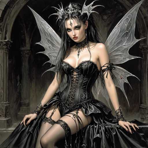 The image depicts a highly detailed, computer-generated illustration of a gothic fairy or dark angel seated on a throne-like chair. The character has long, black hair adorned with a silver tiara and a forehead ornament, and her striking red lips contrast sharply with her pale skin. She wears a black corset laced up the front, paired with a short skirt and thigh-high stockings. Her arms are wrapped in black leather straps, and she sports a choker necklace with a silver pendant. The fairy's wings are large, gray, and translucent, with pointed tips, adding to her ethereal yet menacing appearance. She gazes directly at the viewer with a serious expression, her eyes accentuated by heavy eye makeup. The background features a dark, gothic cathedral with arches and columns, enhancing the overall ominous and mysterious atmosphere of the scene.