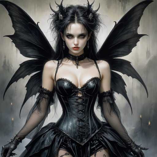 A woman with long dark hair and a black dress stands against a gray background adorned with black wings. She wears a corset and has a necklace around her neck. The image is rendered in an artistic style that includes intricate details of the woman's attire and the surrounding environment.