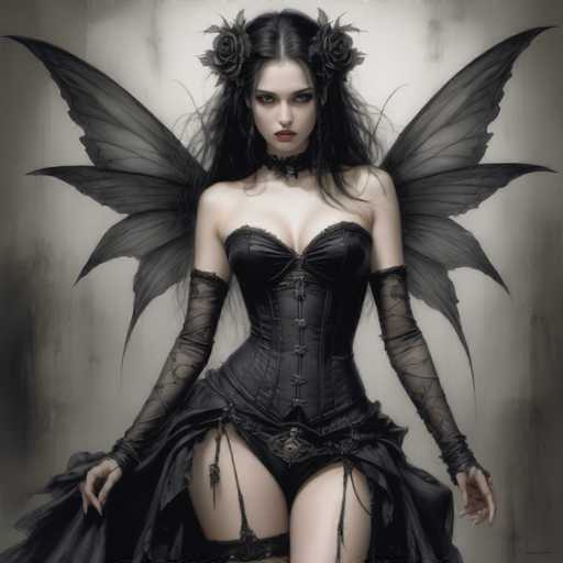 This image portrays a striking, gothic-style female character with dark, intricate features. She has long, flowing black hair adorned with roses on either side of her head, framing her face. Her makeup is bold, with heavy black eyeshadow and red lipstick that accentuates her intense gaze. She wears a black choker around her neck, adding to her dark allure.

Her attire is equally dramatic, consisting of a black corset that ties up the front, paired with black panties. A black skirt with a slit on the left side reveals her leg, and she wears thigh-high black stockings. Her arms are covered in black lace sleeves that extend from her elbows to her wrists, with cutouts around her fingers, adding an element of allure to her ensemble.

Behind her, a pair of black wings spread out, enhancing her ethereal and menacing presence. The background is a muted gray, which contrasts sharply with her dark attire and draws attention to her pale skin and piercing eyes. The overall composition of the image is square, with the character centrally positioned, making her the focal point of this gothic and captivating scene.