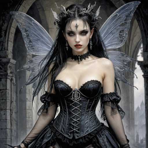 The image depicts a striking gothic fairy with long, dark hair cascading down her shoulders. She wears an elaborate black leather corset, intricately laced up the front, paired with a matching choker that features a prominent silver pendant. Her ensemble is completed with black garter stockings and sheer black sleeves that extend from her elbows to her wrists. Adorning her head is a silver tiara embellished with leaf-like designs and small white wings, complementing her butterfly-like, translucent gray wings that sprout from her back. Her makeup is dramatic, with heavy black eyeshadow, dark red lipstick, and a distinctive black jewel hanging from her forehead. The background reveals a grand, stone castle with arched doorways and windows, adding to the ethereal and mystical atmosphere of the scene.