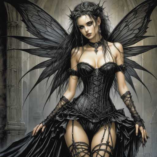 The image depicts a striking, computer-generated fantasy character of a young woman with long, dark hair cascading down her back. She is adorned in a black corset that ties up to her neck, complemented by a black choker with a pendant. Her attire includes black garter stockings and a flowing black skirt that extends to her knees, revealing her legs. She wears black gloves that extend up to her elbows, adding to her gothic aesthetic. Her face is heavily made up, with dark eyeshadow and lipstick, and she has a nose ring. A crown-like headpiece sits atop her head, enhancing her regal appearance. She has large, black butterfly wings with intricate patterns on her back. The background features a gray, stone-like structure with arches, adding to the mystical atmosphere of the scene.