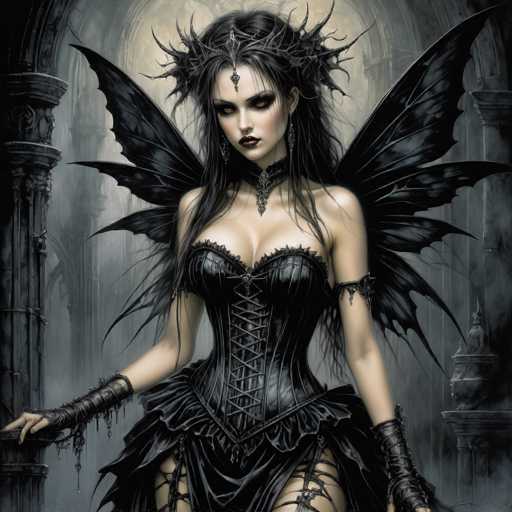 The image depicts a striking gothic-style character, possibly from a video game or animated series. She is a pale-skinned woman with long, dark black hair, adorned with a crown-like headpiece featuring spikes and a central jewel. Her makeup is dramatic, with dark eyeshadow and black lipstick, enhancing her intense gaze directed at the viewer. She wears a black corset with crisscross lacing and ruffled fabric at the bottom, complemented by black gloves that extend up to her elbows. Her attire is accentuated by black leather straps around her upper arms. She has large, black, bat-like wings extending from her back, adding to her menacing appearance. The background is a dark, smoky gray, featuring ornate stone archways and columns, contributing to the overall eerie and gothic atmosphere.