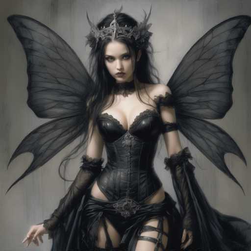 The image depicts a young woman, likely in her late teens or early twenties, with long, dark hair cascading down her shoulders. She is adorned in a gothic-inspired outfit, featuring a black leather corset with lace trim and a matching choker. Her attire includes black garter stockings and sheer, black lace sleeves that extend from her elbows to her wrists. She wears a black skirt that is cut high on her thighs, revealing her legs. Her ensemble is completed with a silver crown and a pair of large, black butterfly wings that extend from her back. The woman's expression is serious, and she gazes directly at the camera. The background is a muted gray, enhancing the dark and mysterious aura of the image.