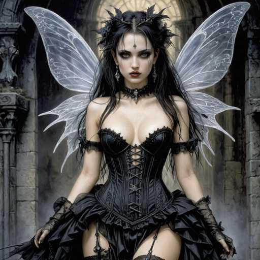 The image depicts a striking gothic-style character, possibly from a video game or a book. She stands in the center of a dark, stone archway, with a background that features a grayish stone wall and a faint light shining through the archway. The character has long, dark black hair adorned with a leafy, crown-like headpiece. Her makeup is dramatic, with heavy black eyeliner, dark red lipstick, and a distinctive teardrop-shaped ornament hanging from her forehead. She wears a black choker with a pendant, and her outfit includes a revealing black corset laced up the front, paired with a ruffled skirt. Her arms are covered in black lace gloves, and she has four pairs of white, translucent butterfly wings extending from her back. The overall scene is dark and atmospheric, emphasizing the gothic and mysterious aura of the character.