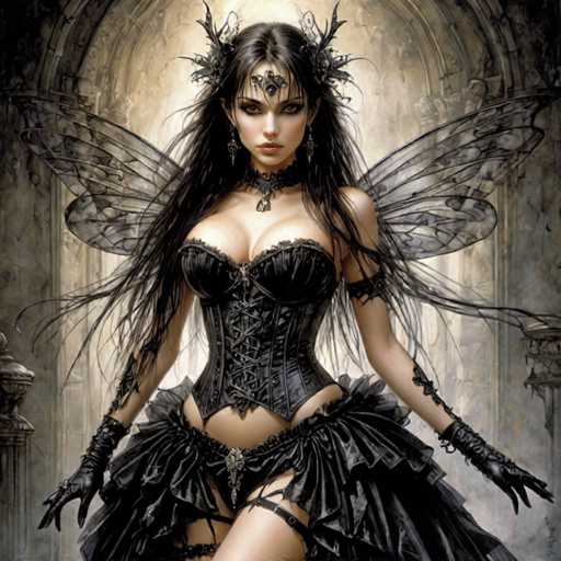 The image depicts a striking, gothic-style female character, possibly from a video game or a fantasy setting. She has long, dark hair cascading down to her waist, with a black headpiece adorned with intricate, spiky designs. Her eyes are accentuated with heavy makeup, and she wears a choker necklace with a small pendant. Her attire is a revealing black corset that exposes her cleavage and much of her stomach, paired with a frilly skirt that extends to her thighs. Black gloves cover her hands, and she has black straps around her legs. She also sports delicate, translucent black wings on her back. The background features a grand, ornate archway with intricate carvings, adding to the overall dark and mysterious ambiance of the scene.