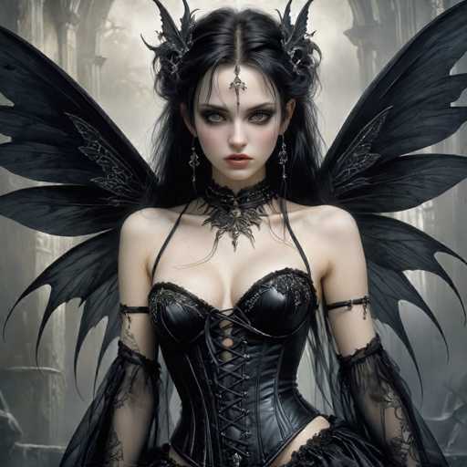 This image portrays a striking gothic-style character, possibly from a video game or movie. The woman has long, dark black hair adorned with a black feathered headpiece and a prominent black jewel hanging from her forehead. Her makeup is dramatic, featuring heavy black eyeshadow and dark red lipstick. She wears a black leather corset with intricate lace details, laced up the front, and a matching choker necklace with a large, ornate black pendant. Her arms are covered in black lace sleeves that extend from her elbows to her wrists. She has large, black butterfly-like wings with pointed tips, adding to her ethereal appearance. The background is a misty, grayish-white, with faint outlines of stone archways and pillars, enhancing the overall gothic and mysterious atmosphere of the scene.