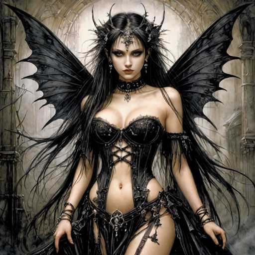 The image depicts a highly detailed, computer-generated or AI-generated gothic fantasy character. The central figure is a woman with long, dark black hair cascading down to her waist, adorned with a crown-like headpiece featuring spikes and jewels. Her makeup is dramatic, with heavy black eyeshadow and dark red lipstick. She wears a black corset-like top that reveals her cleavage and belly button, complemented by a choker necklace with a pendant. Her attire includes a black skirt with straps and a garter belt, and she has numerous leather armbands and bracelets on her wrists. She also sports large, black bat-like wings extending from her back. The background is a dark, grayish-brown stone archway, adding to the eerie and mysterious atmosphere of the scene.