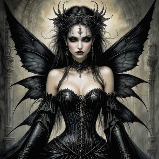 The image portrays a striking gothic-style woman with an intense and captivating presence. She has long, dark hair adorned with a crown-like headpiece that features a prominent diamond-shaped ornament in the center of her forehead. Her eyes are heavily accentuated with dark makeup, and her lips are painted a deep, dark red. She wears a corset-like top that ties up the front, complemented by long, black leather gloves that extend up to her biceps. Her attire includes a choker necklace with a pendant, adding to her gothic aesthetic. She has large, black wings extending from her back, and her skin is pale, contrasting sharply with her dark features. The background is a muted gray, featuring columns that suggest an ancient or cathedral-like setting, enhancing the overall dark and mysterious atmosphere of the image.