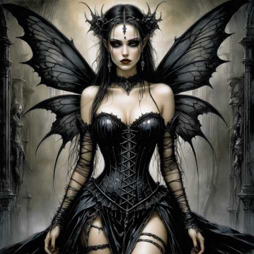 The image depicts a striking, gothic-style illustration of a woman with long, dark hair, adorned with a crown-like headpiece featuring a jewel hanging between her eyes. She has pale skin and wears dark eye makeup, accentuating her intense gaze. Her lips are painted a deep red, adding to her dramatic appearance. She is dressed in a black corset with laces up the front, complemented by a black choker necklace. Her arms are covered in black netting that extends from her shoulders down to her wrists. She also wears a black skirt with straps that wrap around her legs. Black, veined wings extend from her back, enhancing her ethereal, dark angelic look. The background is a misty, grayish hue, with indistinct architectural elements and statues on either side, contributing to the overall eerie and mysterious atmosphere.