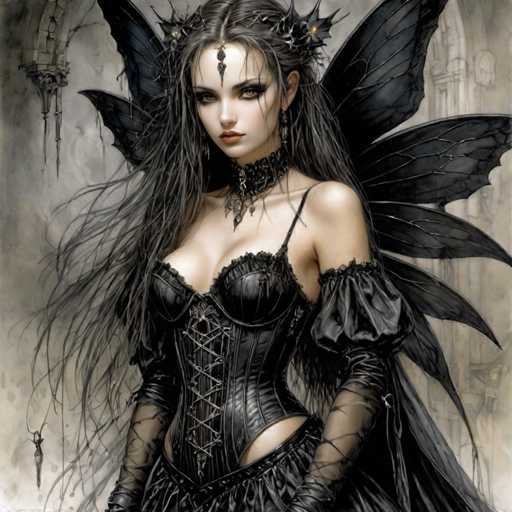The image depicts a young woman with long, dark hair cascading down her shoulders, adorned with a black choker necklace featuring a central jewel. She has striking green eyes and wears a corset-like top with crisscross lacing, complemented by black gloves that extend up to her biceps. Her attire includes a black skirt, and she has black wings extending from her back. The background is a muted gray, with indistinct architectural elements and hanging objects that add to the eerie atmosphere. The overall color palette is dominated by shades of black, gray, and white, with subtle hints of red on her lips. The woman's expression is serious, and she gazes directly at the viewer, creating a haunting and captivating visual.