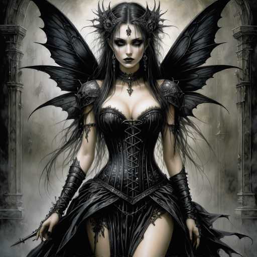 The image depicts a striking gothic-style woman with long, dark hair cascading down to her waist. She is adorned in a black leather corset that accentuates her figure, paired with a flowing black skirt. Her ensemble is completed with black leather gloves that extend up to her elbows. The woman's face is heavily made up, featuring dramatic black eyeshadow and lipstick, with black streaks running down her cheeks. A black medallion hangs from her forehead, adding to her mysterious allure. She also wears a crown-like headpiece with spikes and flowers, enhancing her ethereal appearance. Her black wings, resembling those of a bat, spread out behind her, contributing to her dark and enigmatic presence. The background is a smoky, grayish hue, with stone archways framing the scene on either side, giving the impression of an ancient, gothic setting.