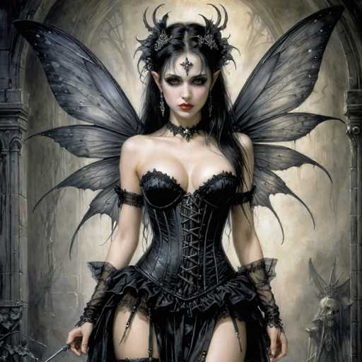 The image portrays a striking gothic fantasy character, a woman with long black hair adorned with a silver crown and a cross on her forehead. She has pointed ears, reminiscent of an elf, and wears heavy eye makeup with bright red lipstick. Her attire is a revealing black corset with laces up the front, complemented by black garters and sheer sleeves. She also sports a choker necklace with a pendant. The character has six black, butterfly-like wings extending from her back, adding to her ethereal appearance. She holds a dagger in her right hand, and her overall look is accentuated by the dark, gothic aesthetic of her outfit and accessories. The background features a gray, gothic-style building with a skull statue, enhancing the eerie and mysterious atmosphere of the scene.