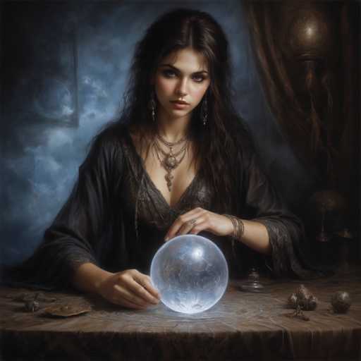 The image depicts a young woman, possibly in her late teens or early twenties, with long, dark brown hair that cascades down to her chest. She is seated at a table draped with a brown cloth, her hands resting on its surface. In front of her is a large, clear crystal ball, which appears to be glowing with an inner light. The woman is adorned with multiple pieces of jewelry, including several necklaces, bracelets, and a ring on her left hand. She wears a black dress with a deep V-neck, and her makeup accentuates her dark eyes and eyebrows. The background features a cloudy, smoky blue wall, adding a mystical atmosphere to the scene. To her right, there is a brown curtain, and on the table, there are various items, including a small bell and some indistinct objects. The overall setting suggests a fortune-telling or mystical theme.