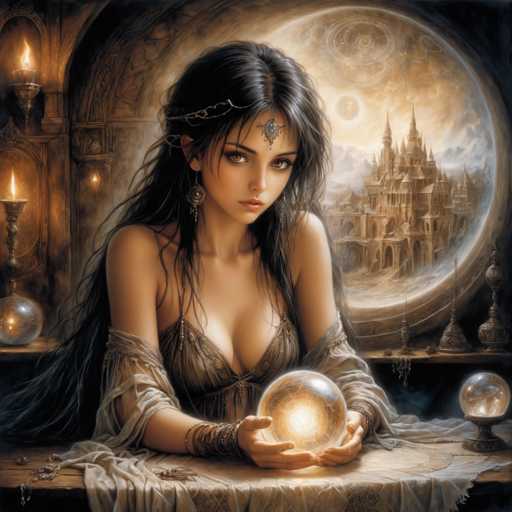 A woman with long dark hair is seated at a table, holding a crystal ball and gazing towards the viewer. The table also holds several other crystal balls of varying sizes. In the background, there's an ornate window that houses a castle-like structure, adding to the mystical ambiance of the scene.