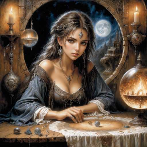 The image depicts a young woman, possibly in her late teens or early twenties, seated at a wooden table adorned with a white tablecloth. She has long, dark brown hair styled in a half-up, half-down manner, with some strands pulled back and others cascading over her shoulders. A silver headband with a jewel hangs from her hair, and she wears a matching silver pendant on her forehead. Her attire includes a low-cut, brownish-gray dress with long sleeves, and she accessorizes with silver earrings and a necklace. 

Her hands rest on the table, which is scattered with various objects, including several silver balls, a triangular silver object, and a glowing crystal ball. The scene is set at night, illuminated by the soft glow of candles on either side of her, casting a warm light over the table. 

Behind her, a large circular window reveals a dark, starry sky with a prominent full moon. The moonlight illuminates a distant, castle-like structure with tall peaks and spires, adding a mystical atmosphere to the setting. The overall ambiance suggests a blend of fantasy and elegance, reminiscent of a scene from a movie or a painting.