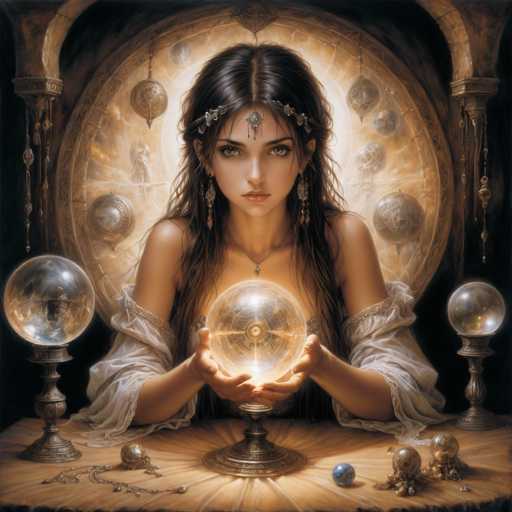 The image depicts a young woman, likely in her early 20s, with long, dark brown hair that cascades down to her chest. She is seated at a wooden table, holding a large crystal ball on a pedestal in her hands. The crystal ball is illuminated by a bright light, giving it a glowing appearance. She is dressed in a white, off-the-shoulder dress with puffy sleeves that extend to her elbows, and she wears a silver necklace with a pendant. Her head is adorned with a silver tiara featuring a central jewel, and she has long, dangling earrings. The background is a dark brown, almost black, with a circular design behind her head that resembles a clock face, complete with hanging silver ornaments. The scene is further embellished with additional crystal balls on stands and a chain of jewelry on the table, contributing to the mystical atmosphere.
