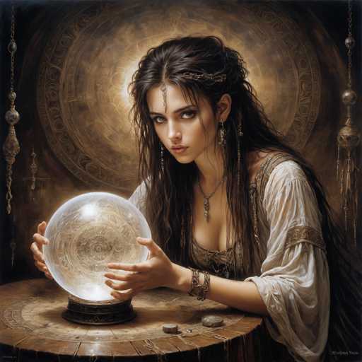 The image depicts a young woman, likely in her early 20s, with long, dark brown hair adorned with a gold chain and a jewel hanging from her forehead. She is dressed in a white, lacy gown with a gold bodice and intricate gold detailing on the sleeves. The woman is seated at a round wooden table, holding a glowing crystal ball with both hands. The crystal ball, which rests on a gold base, emits a bright light that illuminates her face and casts a glow on the table. She wears a necklace with a pendant and bracelets on her left wrist. The background features a large, circular gold medallion with intricate designs, adding to the mystical atmosphere of the scene. The woman gazes intently into the crystal ball, seemingly focused on something within it.