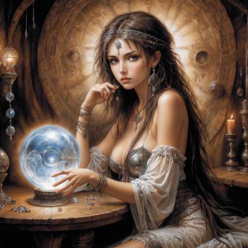 The image depicts a young woman, possibly in her late teens or early twenties, seated at a round wooden table. She has long, dark brown hair that cascades down to her waist, adorned with a silver headband featuring a jewel hanging in front of her forehead. Her attire is a white, lacy dress with a silver bra-like top, and she wears multiple bracelets on her right wrist. The woman is holding a large, glowing crystal ball with her right hand, which rests on the table, while her left hand is raised near her face, as if she is deep in thought or casting a spell. Surrounding her are various mystical objects, including a candle on a candlestick to her right, a lit lantern to her left, and a chandelier hanging from the ceiling. Behind her, a large circular object with intricate designs adds to the mystical ambiance of the scene.
