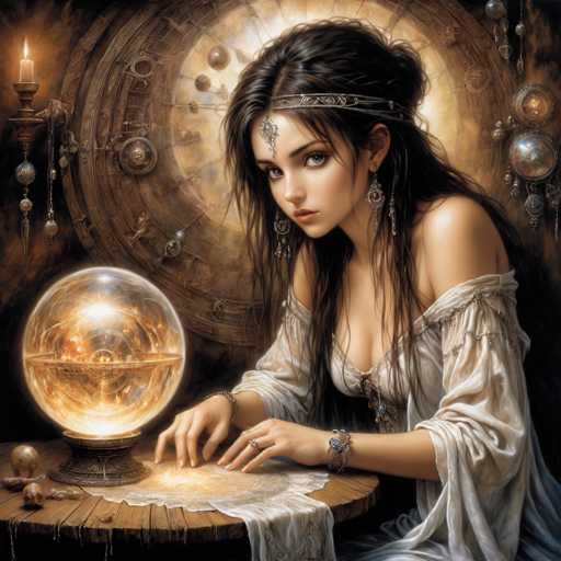 The image depicts a young woman, possibly in her late teens or early twenties, with long, dark brown hair styled in a half-up, half-down manner. She is adorned with a silver headband featuring a jewel hanging in the center of her forehead, and she wears long, dangly earrings. Her attire includes a white, off-the-shoulder gown with a deep neckline, and she has several bracelets on her wrists. The woman is seated at a round wooden table, her hands resting on a glowing crystal ball that emits a warm, yellowish-orange light. The table is draped with a white cloth, and to the left of the crystal ball, there are two small skulls and a candle in a holder. Behind her, a large, circular object with intricate designs and a candle on a shelf adds to the mystical atmosphere of the scene.