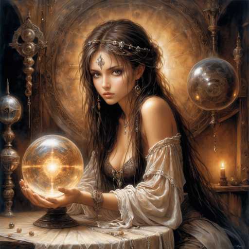A woman with long dark hair is seated at a table, holding a crystal ball and gazing at it intently. She is wearing a white dress that contrasts with the warm tones of her surroundings. The background features an ornate wall adorned with gold and silver decorations, including a large golden orb hanging from the ceiling.