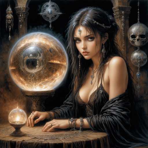 The image depicts a young woman, possibly in her late teens or early twenties, with long, dark brown hair styled in a half-up, half-down fashion. She is adorned with a silver headband featuring a jewel on her forehead and wears long, dangly earrings. Her attire includes a black dress with a low-cut neckline, complemented by a black shawl draped over her arms. She is seated at a round table covered with a brown cloth, her hands resting on its surface. In front of her, there are two glowing crystal balls—one large and one small—emitting a mystical light. The background is dark, accentuating the eerie ambiance, with additional elements like a skull and various hanging objects contributing to the overall mysterious and possibly supernatural theme.