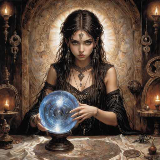 The image depicts a young woman with long, dark brown hair, adorned with a medallion on her forehead and wearing a black dress. She is seated at a table draped with a white cloth, holding a glowing blue crystal ball that emits a mystical light. The woman's expression is serious, and she wears a necklace with a pendant. Surrounding her are various objects, including a lit candle on a table to her left and a chandelier with a candle above her head. The background features a wall with intricate designs, possibly depicting faces, and a circular pattern with a sun-like motif. The scene is illuminated by the soft glow of the crystal ball and the candlelight, creating a mystical atmosphere.