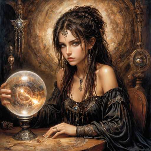 This detailed illustration depicts a young woman with long, dark brown hair styled in an intricate updo with loose strands framing her face. She has striking blue eyes and wears a black, off-the-shoulder dress adorned with silver embellishments, including a prominent pendant necklace and a medallion at her chest. A distinctive piece of jewelry hangs from her forehead, complementing her long earrings. The woman is seated at a wooden table, her right hand resting on a large crystal ball, which is mounted on a metal stand. Her left hand, adorned with rings, is placed on the table. The background features a circular, gold-colored design with intricate patterns, adding to the mystical atmosphere of the scene.