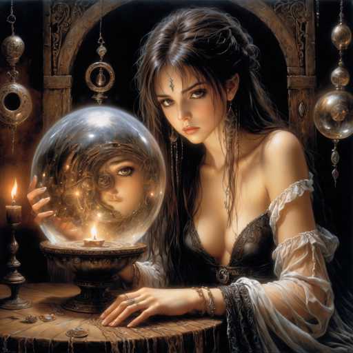 A woman with long dark hair is seated at a table holding a crystal ball and gazing into it. The crystal ball has a silver surface that reflects the light from a candle on the table.