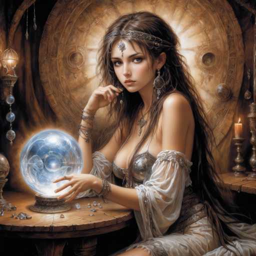 A woman with long brown hair is seated at a table, holding a crystal ball and gazing at it intently. She is wearing a white dress that contrasts with the dark background, which features a large circular object adorned with gold accents. The image also includes other objects such as a candle and a vase in the background.