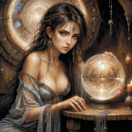 The image depicts a young woman, possibly in her late teens or early twenties, with long, dark brown hair adorned with a braid across her forehead. She has striking blue eyes and wears a silver, low-cut dress with sheer sleeves that drape elegantly over her arms. A silver medallion is centered on her forehead, and she sports long, dangling earrings. Her expression is serious as she gazes directly at the viewer. She is seated at a wooden table, her right hand resting on its surface, which holds a large crystal ball emitting a bright light. The crystal ball reflects the image of a cityscape, and there are two lit candles on the table beside it. Behind her, a large, ornate circular object, possibly a clock or compass, adds to the mystical atmosphere of the scene.