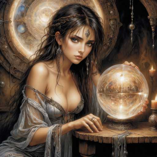 A woman with long dark hair is seated at a table holding a crystal ball and gazing at it intently. She is wearing a white dress that contrasts with the dark background of the image. The table on which she sits has an intricate design carved into its surface.