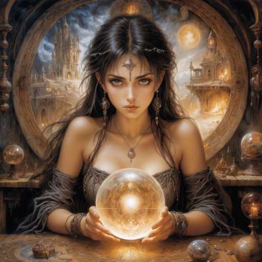 The image depicts a young woman with long, dark brown hair, styled with a middle part and adorned with a silver pendant on her forehead. She is wearing a gray dress with sleeves that extend to her elbows, and she has bracelets on both wrists. The woman is seated at a wooden table, holding a glowing crystal ball that emits a bright light. Behind her, there is a large circular window or mirror, through which a fantastical cityscape is visible. This cityscape features two prominent castles—one on the left and one on the right—surrounded by a body of water. The scene outside the window is illuminated by a full moon, adding to the mystical atmosphere. The woman's intense gaze is directed straight at the viewer, creating a captivating and enigmatic presence.