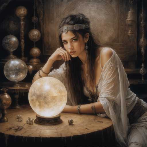 A woman with long brown hair is seated at a table, her hand resting on her chin as she gazes off to the side. The table is adorned with various objects including a large crystal ball and several smaller balls scattered around it. In the background, there are more crystal balls and other decorative items that contribute to an overall sense of mystery and intrigue.