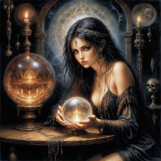 The image portrays a young woman with long, dark hair cascading past her shoulders, adorned with a silver headband and a jewel hanging from her forehead. She is seated at a round wooden table, holding a glowing crystal ball in her hands. The woman is dressed in a black, lacy dress with long sleeves that reveal her shoulders and chest. Her striking blue eyes and red lips add to her captivating appearance. The background is dark, accentuated by a large, illuminated crystal ball on the table, which reflects the room's details. Surrounding her are lit candles, a skull, and various mystical objects, including a chalice with a flame. The scene is filled with an eerie, mystical ambiance, enhanced by the smoky atmosphere and the intricate details of her attire and accessories.