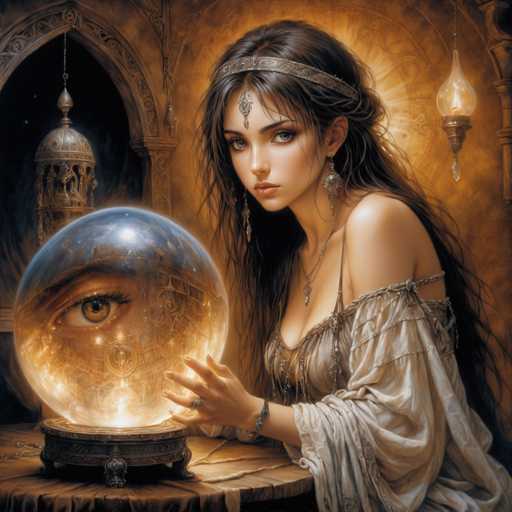 A woman with long dark hair is seated at a table holding a crystal ball and gazing at it. She is wearing a white dress that contrasts with the warm tones of her surroundings. The background features an ornate archway adorned with gold decorations, adding to the overall aesthetic of the scene.