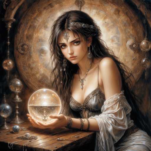 The image portrays a young woman, likely in her late teens or early twenties, with long, dark brown hair cascading down her shoulders. She is seated at a wooden table, holding a large, glowing crystal ball in her hands. The crystal ball appears to contain a miniature statue or an intricate design. The woman is adorned in a grayish dress with thin straps and a low neckline, complemented by a white, lacy shawl draped over her left arm. She wears multiple bracelets on her right wrist and a silver necklace with a pendant. Her head is adorned with a silver headband featuring blue jewels and a silver ornament hanging from her forehead. The background is a blend of brown and gray hues, with a large circular object behind her head that resembles a clock or a shield. The scene is illuminated by the soft glow emanating from the crystal ball, adding a mystical aura to the image.