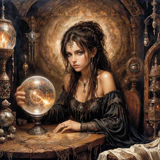 The image depicts a young woman, possibly in her late teens or early twenties, with long, dark brown hair styled in an updo with some strands framing her face. She has striking blue eyes and is adorned with a gold ornament on her forehead, which features a hanging piece. She is dressed in a black, off-the-shoulder dress with long sleeves, and wears a necklace with a pendant. The woman is seated at a round wooden table, holding a large crystal ball with her right hand, which rests on the table. The table is covered with various objects, including a candle holder and a small statue. Behind her, the background is a mix of brown and black hues, with a circular design that resembles a sun. The scene is rich with details, including a chandelier hanging from the ceiling and a chair with a white cloth draped over it. The overall ambiance suggests a mystical or fortune-telling setting.