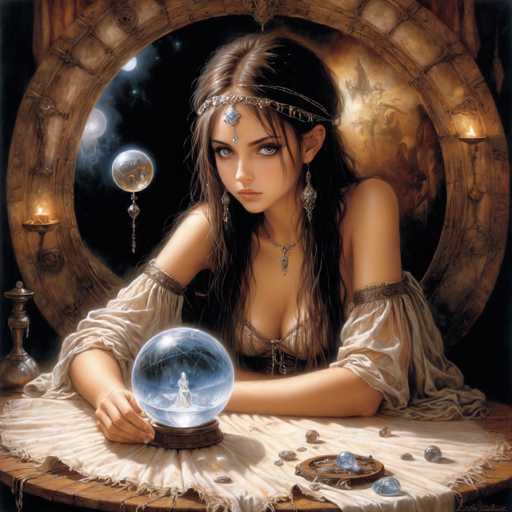 The image depicts a young woman, possibly in her late teens or early twenties, with long, dark brown hair cascading down to her chest. She is adorned with a silver headband featuring a blue jewel that dangles elegantly over her forehead. Her attire includes a low-cut, brown dress with sleeves that extend to her elbows, revealing a hint of cleavage. She is seated at a round wooden table draped with a white cloth, upon which rests a large crystal ball. Inside the crystal ball, a figure dressed in white appears to be dancing. Scattered around the crystal ball are smaller crystals and a circular tray holding two additional blue crystals. The background is a dark, starry night sky, framed by a large circular structure that resembles a clock or a portal, with two lit candles on either side. The woman's expression is serious, and she gazes directly at the viewer, her head slightly tilted to the left.