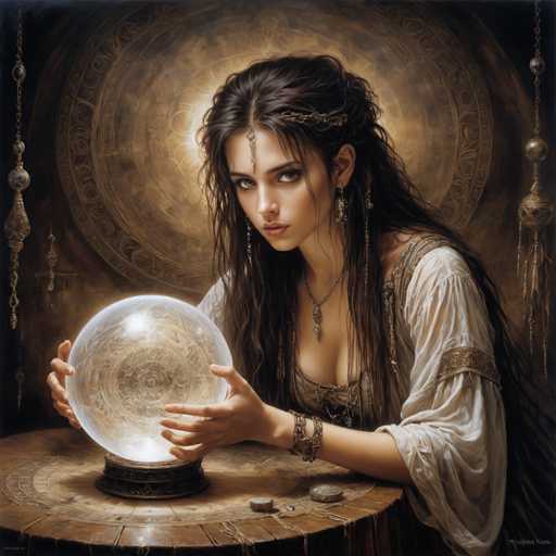 A woman with long dark hair is seated at a table, holding a crystal ball and gazing into it. She is wearing a white dress that contrasts with the brown background adorned with gold decorations. The image has an artistic style characterized by rich colors and intricate details.