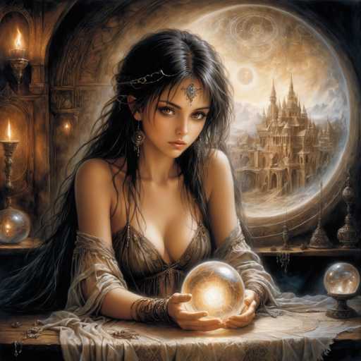 The image depicts a young woman with long, dark hair cascading down her back, adorned with a silver headband featuring a jewel hanging in front of her forehead. She has striking brown eyes and is dressed in a revealing, low-cut brown dress with sheer sleeves that drape over her elbows. Her hands are delicately holding a glowing crystal ball, which rests on a table covered with a white cloth. The background reveals an ornate, medieval-style room with intricate carvings and a large window. Through the window, one can see a majestic castle set against a sky filled with stars and a prominent moon. The room is illuminated by several candle holders, adding to the mystical ambiance.