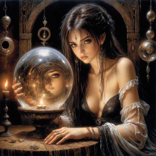 The image depicts a young woman with long, dark brown hair styled in a braid, adorned with a jewel on her forehead. She is wearing a black corset with white lace sleeves that extend to her elbows, and her hands are decorated with rings and bracelets. The woman is seated at a round wooden table, her left hand resting on the surface while her right hand holds a large, clear glass orb. Inside the orb, a reflection of her face is visible, with one eye covered by a monocle. A lit candle in a candlestick sits on the table, casting a warm glow. The background features an ornate, arched wooden doorway with intricate carvings, and several gold-colored ornaments hanging from the ceiling, adding to the mystical ambiance of the scene.