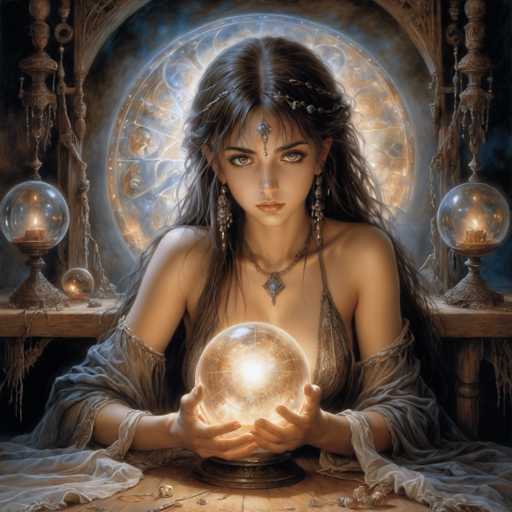 The image depicts a young woman with long, dark brown hair adorned with a headband and a jewel hanging from her forehead. She is wearing a dress with thin straps and a sheer shawl that drapes over her arms. Her striking green eyes are focused intently on a glowing crystal ball she holds in her hands. The scene is set in a dark, mystical room with a large, ornate window behind her, through which a soft, ethereal light filters. The room is filled with various magical artifacts, including two smaller crystal balls on a table to her left and a chandelier hanging from the ceiling. The overall atmosphere is one of enchantment and mystery, with the woman appearing to be in a state of deep concentration or possibly casting a spell.