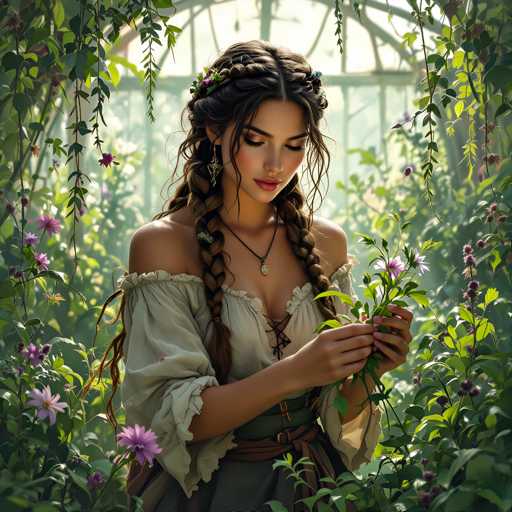 A woman with long brown hair wearing a white dress and holding a bunch of purple flowers is the main subject of this image. The background features green plants and trees, creating an impression of being in a lush garden or forest setting.