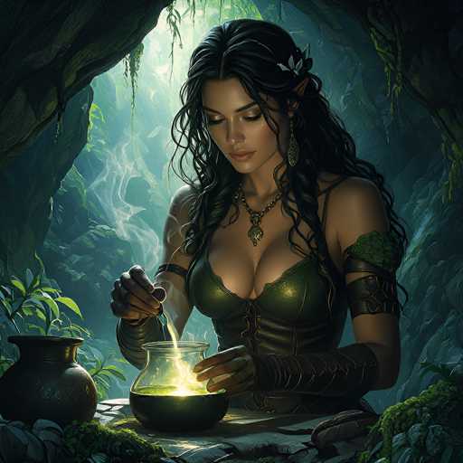 The image depicts a highly detailed, computer-generated fantasy scene featuring a beautiful, elf-like woman with long, dark hair adorned with a leafy headpiece. She has pointed ears, adding to her ethereal appearance. The woman is dressed in a green corset-like top and a leather corset, complemented by leather armbands and a necklace with a green pendant. She is seated at a stone table, engaged in stirring a glowing, greenish-yellow potion in a cauldron with her right hand, while holding a jar with her left. The setting is a lush, green cave with sunlight streaming in from an opening, illuminating the scene with a mystical glow. The background is filled with greenery, moss, and various plants, enhancing the enchanting atmosphere. The woman's expression is one of deep concentration as she focuses on the magical potion.