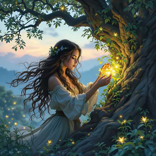 A woman with long brown hair is standing under a tree and holding a glowing orb of light. The tree has green leaves and the background features a blue sky with clouds.