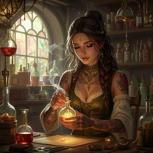 The image depicts a detailed, computer-generated scene of a young woman with long, dark brown hair styled in a bun with a braid cascading over her left shoulder. She is seated at a wooden table, deeply engrossed in mixing potions. The woman is adorned with intricate tattoos that cover her arms and chest, and she wears a green corset over a white shirt, complemented by a choker necklace. Her hands, which are covered in rings and tattoos, hold a small glass bottle filled with a glowing orange liquid that emits smoke. The table in front of her is cluttered with various glass bottles, some containing red and orange liquids, and others filled with different colored potions. A piece of paper lies on the table, possibly a recipe or notes for her potion-making. Behind her, shelves are lined with an assortment of bottles, and a large window with an arched top allows light to filter into the room, illuminating the scene. The overall setting suggests a medieval or fantasy alchemy laboratory, with the woman appearing focused on her craft.