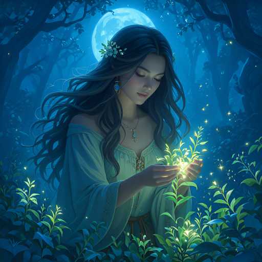 The image depicts a young woman with long, wavy dark hair adorned with a floral barrette. She is wearing a light green, off-the-shoulder dress with long sleeves and a brown belt. Her blue, dangling earrings and a necklace with a blue pendant add to her ethereal appearance. The woman is standing in a lush, dark forest, surrounded by tall trees and bushes that frame the scene. The background is illuminated by a large, glowing full moon, casting a soft blue light over the entire setting. In her hands, she holds a glowing green plant, from which numerous yellow and white sparkles emanate, creating a magical atmosphere. The sparkles extend around her, adding to the enchanting and mystical feel of the image.