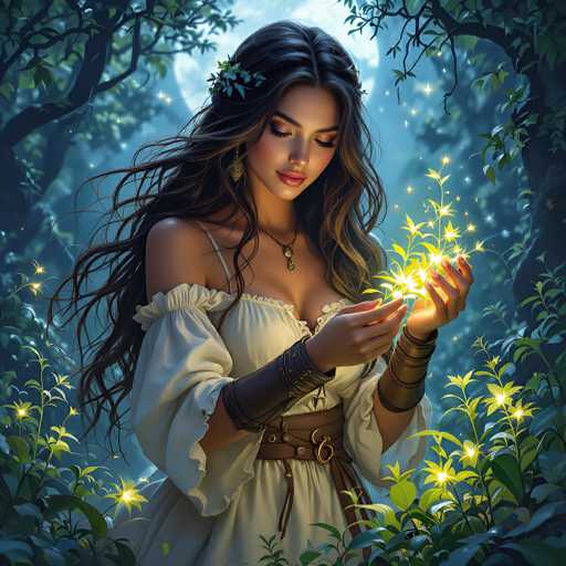 In this enchanting digital artwork, a young woman with long, flowing brown hair adorned with a delicate flower stands in the center of a mystical forest. Her eyes are gently closed, and she gazes downward, her lips slightly parted as if in a state of serene wonder. She wears a white, off-the-shoulder dress that reveals her shoulders and chest, cinched at the waist with a brown belt. Her wrists are decorated with leather bracers, and she holds a glowing, magical plant in her hands, from which golden light emanates and illuminates the surrounding flora. The scene is bathed in the soft, ethereal glow of a full moon, casting a bluish hue over the entire landscape. The background is filled with lush green trees and plants, some of which also emit a magical light, enhancing the otherworldly atmosphere. The overall composition exudes a sense of tranquility and enchantment, making it a captivating visual feast.