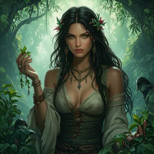 The image depicts a highly detailed, computer-generated or AI-generated fantasy character of a young woman standing in a lush, green forest. She has long, wavy black hair adorned with red and green flowers, and her striking yellow eyes are accentuated by her full lips and long, dangling earrings. She is dressed in a green corset with laces and a white, off-the-shoulder blouse, complemented by multiple necklaces, including a choker and a longer one with pendants. Her left hand holds a green leafy plant, while her right hand, adorned with a ring and bracelets, also grasps a vine. The background features a dense forest with trees and branches, and two black birds with yellow eyes are perched on either side of her. The overall scene is vibrant and detailed, capturing the essence of a mystical forest setting.